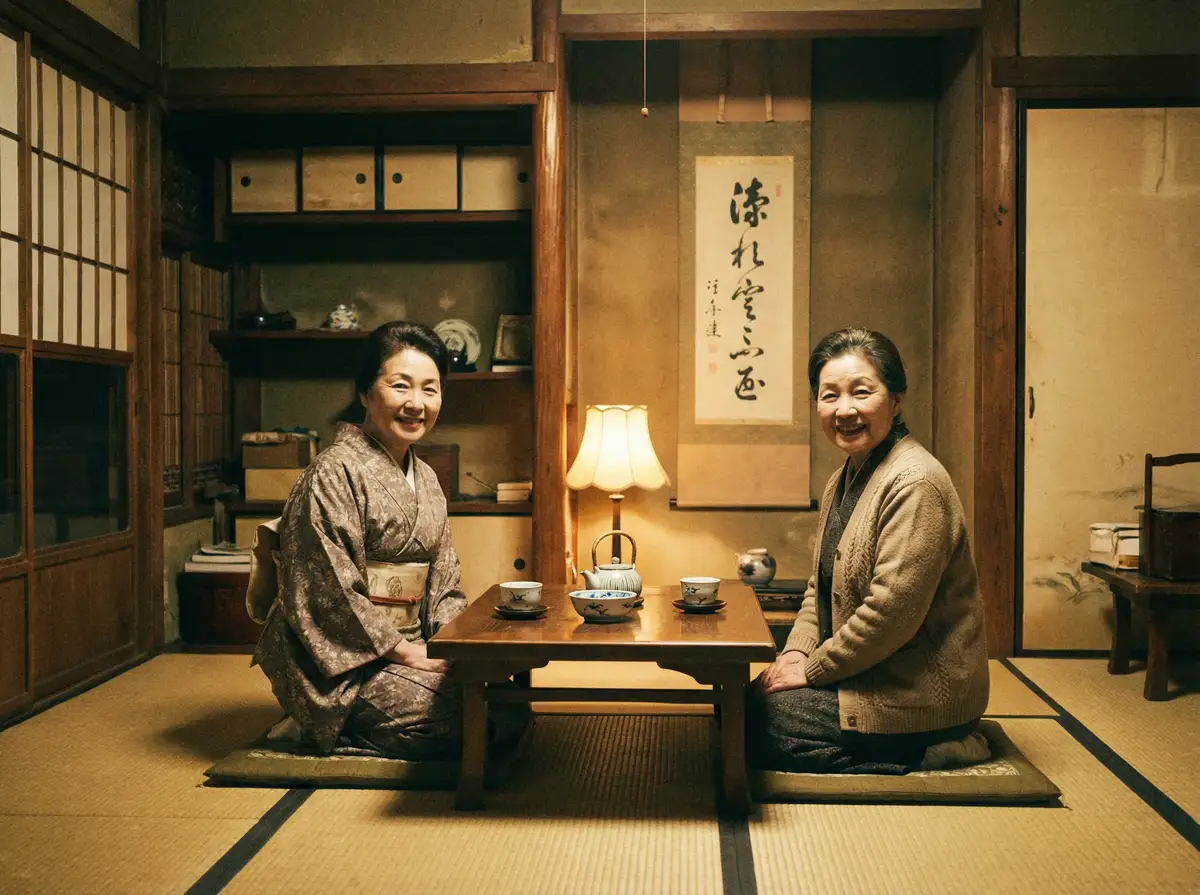 两位优雅的 曹长卿 在日式茶室中品茶交谈
